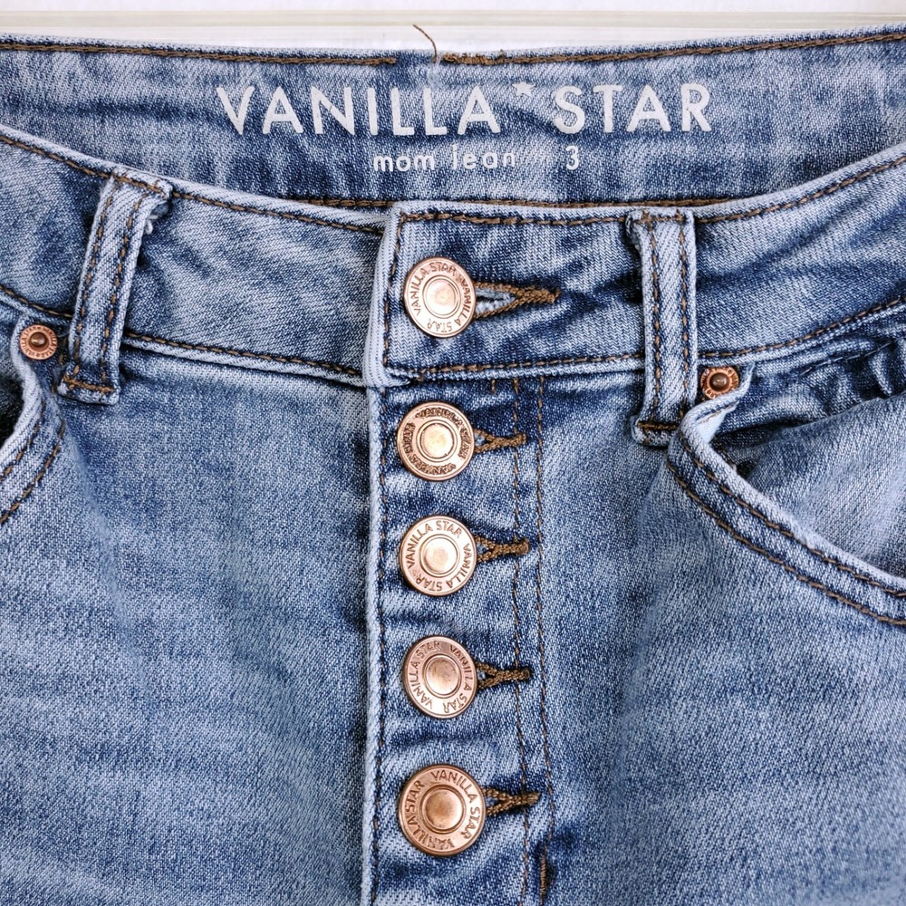 Vanilla Star Mom Jeans Blue Mid Rise Distressed Button Fly Junior's Size 3 - Picture 2 of 7